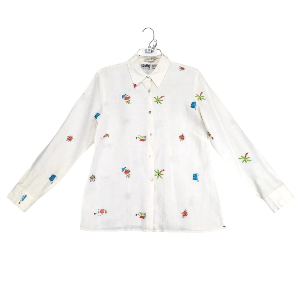 Vintage Edward Embroidered Irish Linen Button-Up‎ Shirt Womens M Tropical Floral
